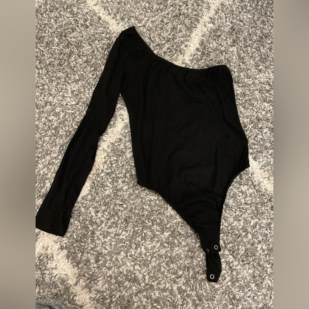 3 FOR $10 SALE - Black Ribbed One Sleeve Body Suit with Buttons